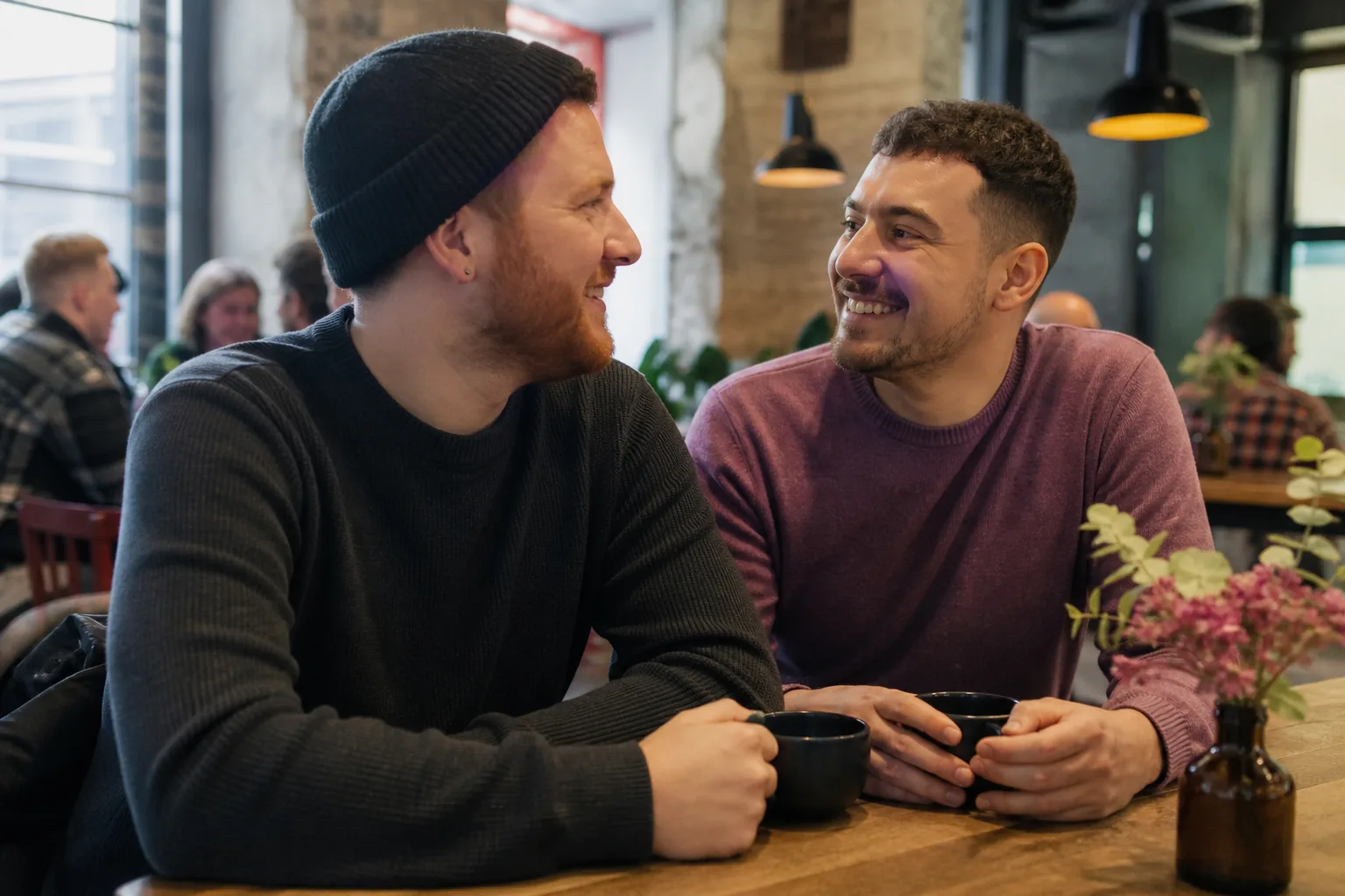 Two men talking over coffee in Scunthorpe