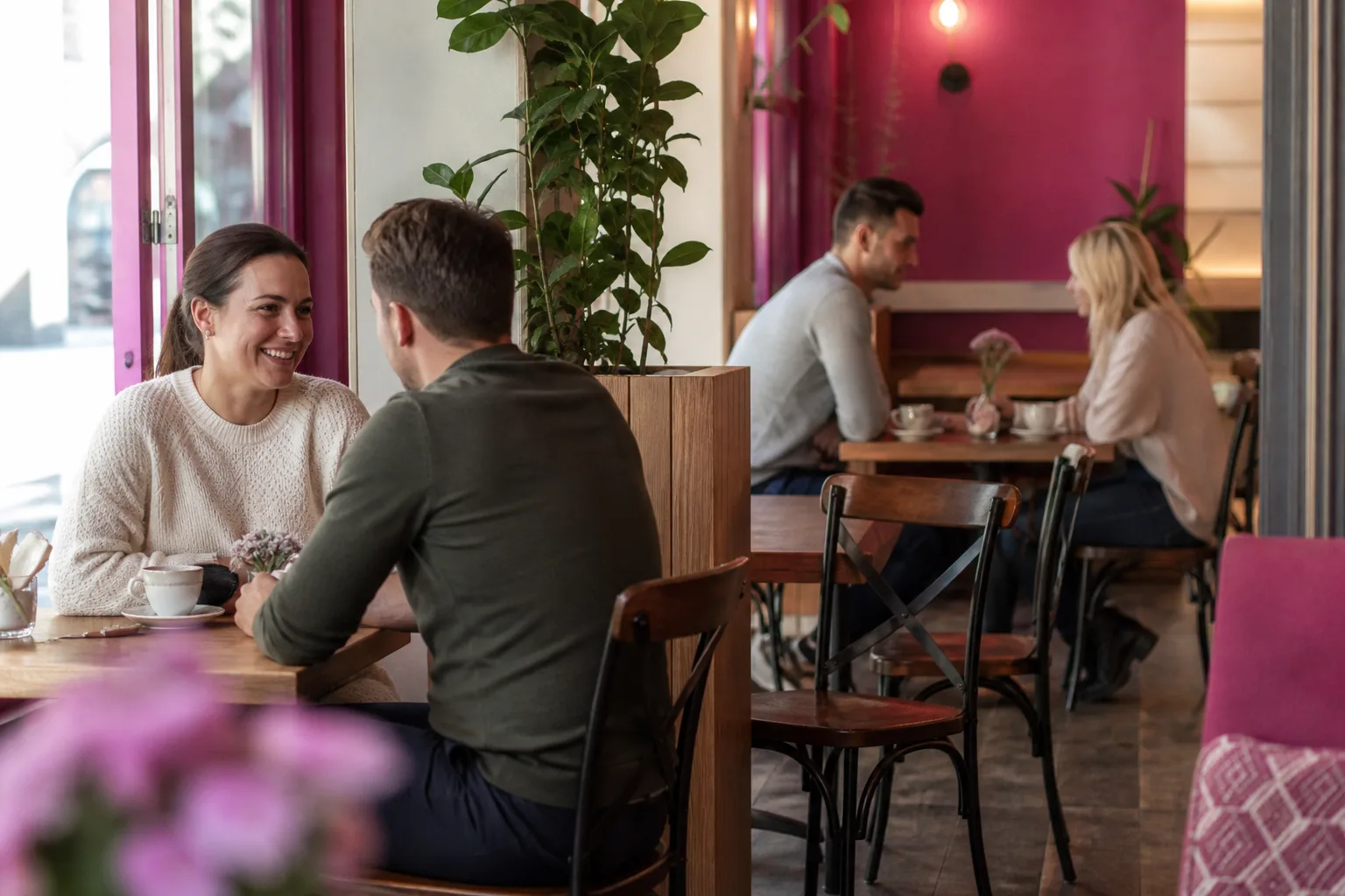Two people talking over coffee in County Tyrone
