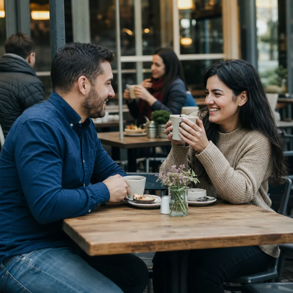 A couple meeting in a busy café in Omagh for a first date