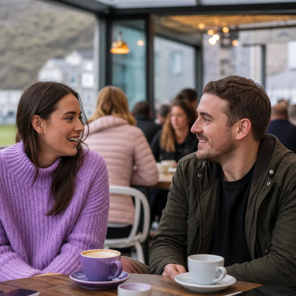 Two adults having a first date at a busy public venue in Dungannon